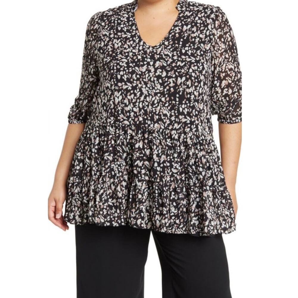 MELLODAY Tunic Top Size 2X 3/4 Sleeve Peplum Blouse Shirt Black Plus Curvy Spots